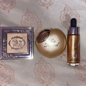 Pretty Vulgar highlighter($32), Too Faced Highlighter($24), Cover Fx Drops($42)